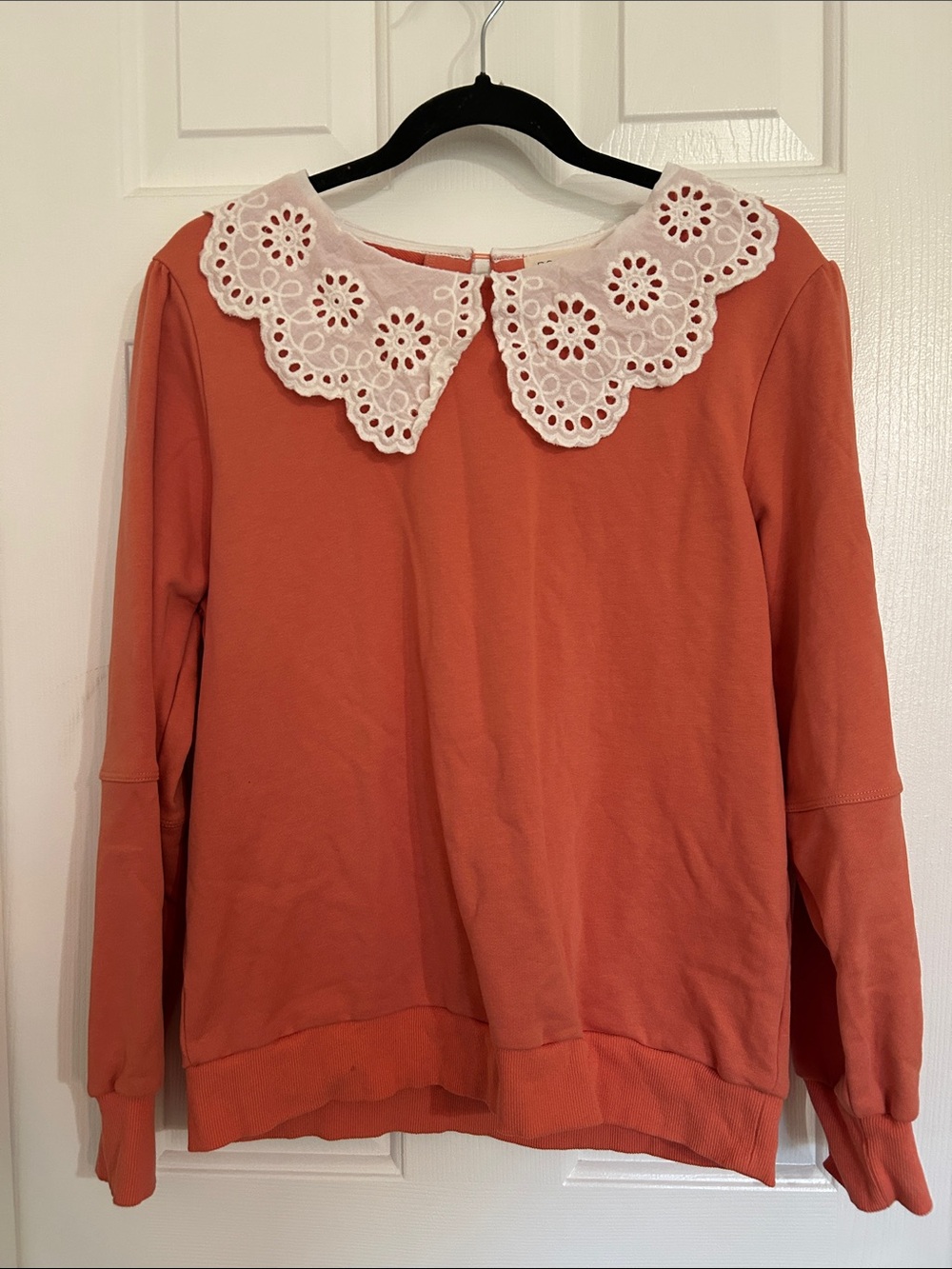 Roolee Coral Sweatshirt with White Eyelet Peter Pan Collar
